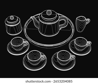 A set of elegant tea cups and saucers arranged symmetrically on a deep black background, accompanied by a teapot and jar. The light-colored saucers contrast beautifully with the dark backdrop.