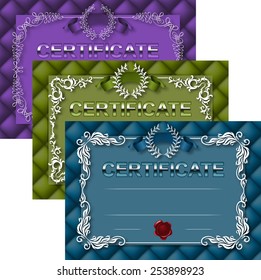 Set of elegant template of diploma with decor of ornament, ribbon, wax seal, laurel wreath, texture, place for text. Certificate of achievement, education, award, winner. Vector illustration EPS 10