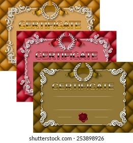 Set of elegant template of diploma with decor of ornament, ribbon, wax seal, laurel wreath, texture, place for text. Certificate of achievement, education, award, winner. Vector illustration EPS 10