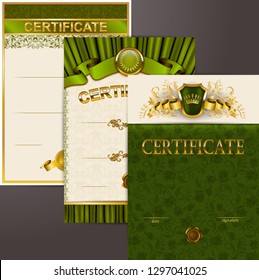 Set of elegant template of diploma lace ornament, ribbon, wax seal, shield, gold laurel wreath, drapery fabric, place for text. Certificate of achievement, education, award, winner Vector illustration