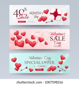 Set of elegant template of sale banners for Valentine’s Day with a scroll realistic ribbon, gift box, arrow and red glossy hearts. Vector background for design of promotion flyers with discount offers