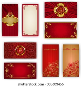 Set of elegant template for vip luxury invitation, greeting, gift card with lace ornament, crown, ribbon, drapery fabric, place for text. Floral elements, ornate background. Vector illustration EPS 10