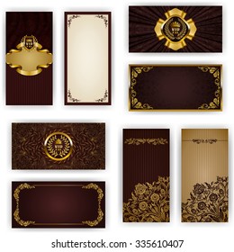 Set of elegant template for vip luxury invitation, greeting, gift card with lace ornament, crown, ribbon, drapery fabric, place for text. Floral elements, ornate background. Vector illustration EPS 10