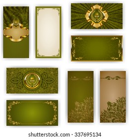 Set of elegant template for vip luxury invitation, greeting, gift card with lace ornament, crown, ribbon, drapery fabric, place for text. Floral elements, ornate background. Vector illustration EPS 10