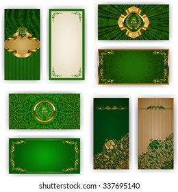Set of elegant template for vip luxury invitation, greeting, gift card with lace ornament, crown, ribbon, drapery fabric, place for text. Floral elements, ornate background. Vector illustration EPS 10