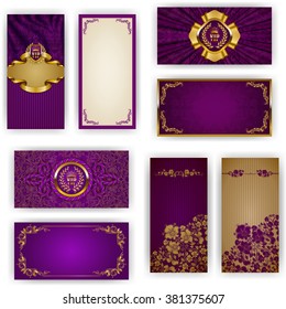 Set of elegant template for vip luxury invitation, greeting, gift card with lace ornament, crown, ribbon, drapery fabric, place for text. Floral elements, ornate background. Vector illustration EPS 10