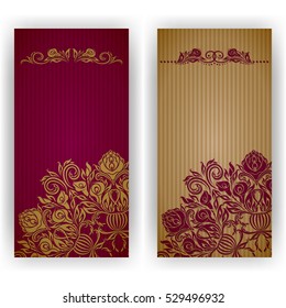 Set of elegant template for vip luxury invitation, greeting, gift card with lace ornament, dividers, place for text. Floral elements, ornate golden, purple background. Vector illustration EPS 10
