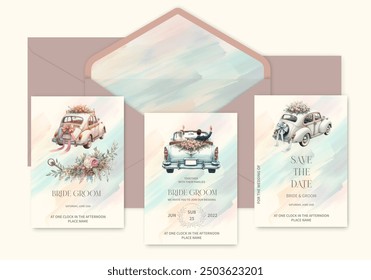 Set of elegant template wedding invitations with watercolor foliage decoration.