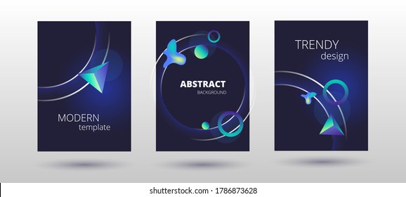 set of elegant templates with dark background and bright neon geometric shapes