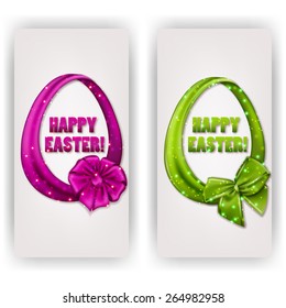 Set of elegant templates for design of invitation, gift, greeting card, flyer with Easter egg with ribbons, bow, place for text on white background. Festive Happy easter vector illustration EPS 10.