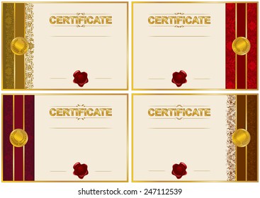 Set of elegant templates of diploma with decoration of lace pattern, ribbon, wax seal, laurel wreath, place for text. Certificate of achievement, education, awards, winner. Vector illustration EPS 8.