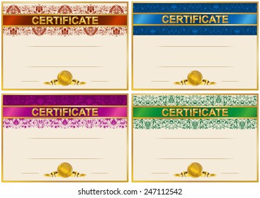 Set of elegant templates of diploma with decoration of lace pattern, ribbon, laurel wreath, place for text. Certificate of achievement, education, awards, winner. Vector illustration EPS 8.