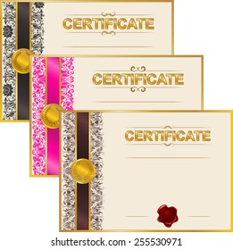 Set of elegant templates of diploma with decoration of lace pattern, ribbon, wax seal, laurel wreath, place for text. Certificate of achievement, education, awards, winner. Vector illustration EPS 8.