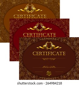Set of elegant templates of diploma with decoration of lace, ribbon, wax seal, shield, laurel wreath, place for text. Certificate of achievement, education, award, winner. Vector illustration EPS 10.
