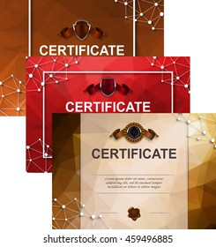 Set of elegant templates for diploma. Decoration of ribbon, badge, wax seal, place for text. Certificate of achievement, education, award, winner in geometric graphic style. Vector illustration EPS10