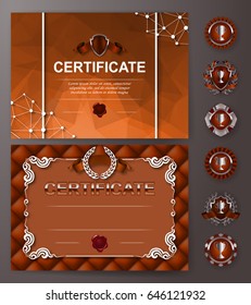 Set of elegant templates of diploma with floral element, ribbon, wax seal, abstract background, badges. Certificate of achievement, education, awards, winner. Vector illustration EPS 10.