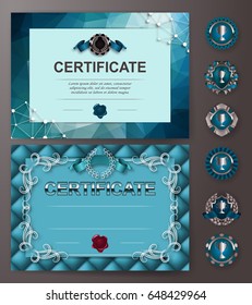 Set of elegant templates of diploma with floral element, ribbon, wax seal, abstract background, badges. Certificate of achievement, education, awards, winner. Vector illustration EPS 10.