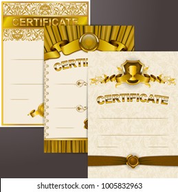 Set of elegant templates of diploma: lace ornament, ribbon, wax seal, shield, laurel wreath, drapery fabric, place for text. Certificate of achievement, education, award, winner. Vector illustration