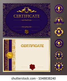Set of elegant templates of diploma with lace ornament, ribbon, wax seal, drapery fabric, badges, place for text. Certificate of achievement, education, awards, winner. Vector illustration EPS 10.