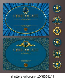 Set of elegant templates of diploma with lace ornament, ribbon, wax seal, drapery fabric, badges, place for text. Certificate of achievement, education, awards, winner. Vector illustration EPS 10.