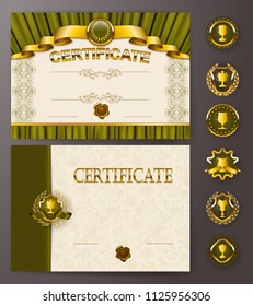 Set of elegant templates of diploma with lace ornament, ribbon, wax seal, drapery fabric, badges, place for text. Certificate of achievement, education, awards, winner. Vector illustration EPS 10.