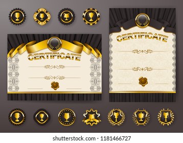 Set of elegant templates of diploma with lace ornament, ribbon, wax seal, drapery fabric, badges, place for text. Certificate of achievement, education, awards, winner. Vector illustration EPS 10.