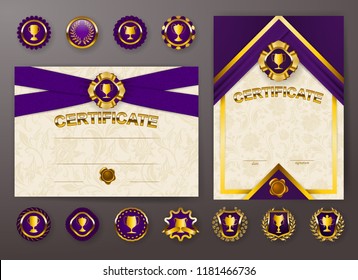 Set of elegant templates of diploma with lace ornament, ribbon, wax seal, drapery fabric, badges, place for text. Certificate of achievement, education, awards, winner. Vector illustration EPS 10.
