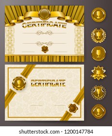 Set of elegant templates of diploma with lace ornament, ribbon, wax seal, drapery fabric, badges, place for text. Certificate of achievement, education, awards, winner. Vector illustration EPS 10.