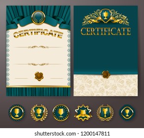 Set of elegant templates of diploma with lace ornament, ribbon, wax seal, drapery fabric, badges, place for text. Certificate of achievement, education, awards, winner. Vector illustration EPS 10.