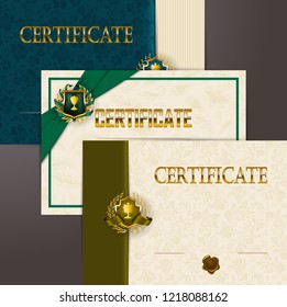 Set of elegant templates of diploma lace ornament, ribbons, wax seals, shields, badges, laurel wreaths, place for text. Certificate of achievement, education, award, winner. Vector illustration.