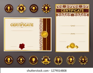 Set of elegant templates of diploma with lace floral ornament, ribbon, medals, badges, champion cups, place for text. Certificate of achievement, education, awards, winner. Vector illustration EPS 10.