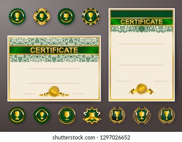 Set of elegant templates of diploma with lace floral ornament, ribbon, medals, badges, shield, trophy, place for text. Certificate of achievement, education, awards, winner. Vector illustration