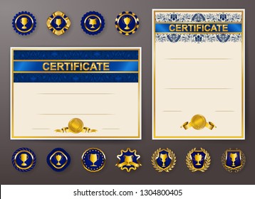 Set of elegant templates of diploma with lace ornament, ribbon, wax seal, drapery fabric, badges, place for text. Certificate of achievement, education, awards, winner.
