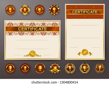 Set of elegant templates of diploma with lace ornament, ribbon, wax seal, drapery fabric, badges, place for text. Certificate of achievement, education, awards, winner.