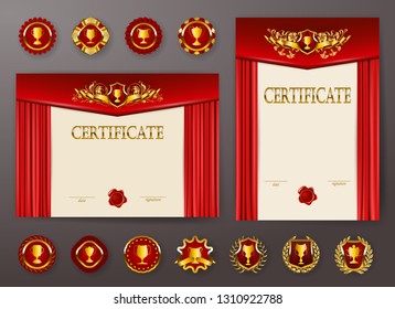 Set of elegant templates of diploma with lace filigree ornament, ribbon, wax seal, drapery fabric, badges, place for text. Certificate of achievement, education, awards, winner. Vector illustration.