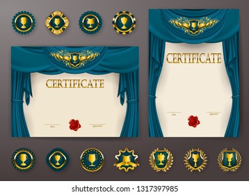 Set of elegant templates of diploma with lace filigree ornament, ribbon, wax seal, drapery fabric, badges, place for text. Certificate of achievement, education, awards, winner. Vector illustration.