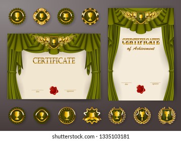 Set of elegant templates of diploma with lace filigree pattern, ribbon, wax seal, drapery fabric, badges, place for text. Certificate of achievement, education, awards, winner. Vector illustration.