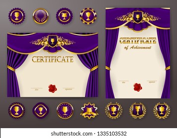 Set of elegant templates of diploma with lace filigree pattern, ribbon, wax seal, drapery fabric, badges, place for text. Certificate of achievement, education, awards, winner. Vector illustration.