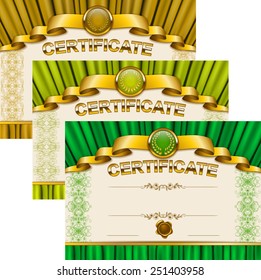 Set of elegant templates of diploma with lace ornament, ribbon, wax seal, drapery fabric, place for text. Certificate of achievement, education, awards, winner. Vector illustration EPS 10.