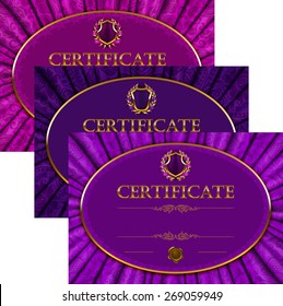 Set of elegant templates of diploma with lace ornament, ribbon, wax seal, drapery fabric, place for text. Certificate of achievement, education, awards, winner. Vector illustration EPS 10.