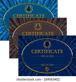 Set of elegant templates of diploma with lace ornament, ribbon, wax seal, drapery fabric, place for text. Certificate of achievement, education, awards, winner. Vector illustration EPS 10.