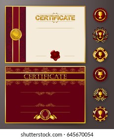 Set of elegant templates of diploma with lace ornament, ribbon, wax seal, drapery fabric, badges, place for text. Certificate of achievement, education, awards, winner. Vector illustration EPS 10.