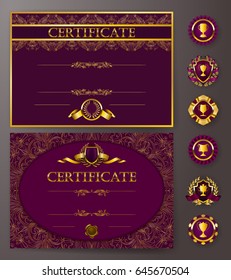 Set of elegant templates of diploma with lace ornament, ribbon, wax seal, drapery fabric, badges, place for text. Certificate of achievement, education, awards, winner. Vector illustration EPS 10.