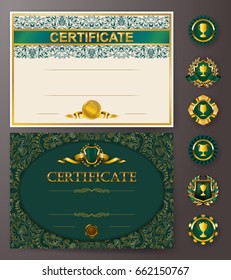 Set of elegant templates of diploma with lace ornament, ribbon, wax seal, badges, place for text. Certificate of achievement, education, awards, winner. Vector illustration EPS 10.