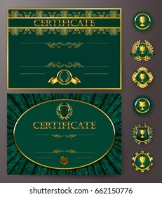 Set of elegant templates of diploma with lace ornament, ribbon, wax seal, drapery fabric, badges, place for text. Certificate of achievement, education, awards, winner. Vector illustration EPS 10.