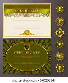 Set of elegant templates of diploma with lace ornament, ribbon, wax seal, drapery fabric, badges, place for text. Certificate of achievement, education, awards, winner. Vector illustration EPS 10.