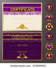 Set of elegant templates of diploma with lace ornament, ribbon, wax seal, laurel wreath, badges, place for text. Certificate of achievement, education, awards, winner. Vector illustration EPS 10.