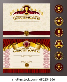 Set of elegant templates of diploma with lace ornament, ribbon, wax seal, drapery fabric, badges, place for text. Certificate of achievement, education, awards, winner. Vector illustration EPS 10.