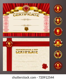 Set of elegant templates of diploma with lace ornament, ribbon, wax seal, drapery fabric, badges, place for text. Certificate of achievement, education, awards, winner. Vector illustration EPS 10.