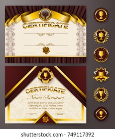 Set of elegant templates of diploma with lace ornament, ribbon, wax seal, drapery fabric, badges, place for text. Certificate of achievement, education, awards, winner. Vector illustration EPS 10.